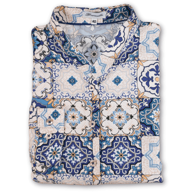 Grenouille Ladies Long Sleeve Mandarin Collar Cream with Blue & Yellow Tile Print Tunic