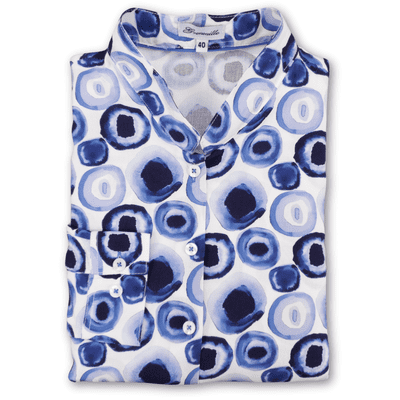 Grenouille Ladies Long Sleeve Mandarin Collar White with Blue Spots Tunic