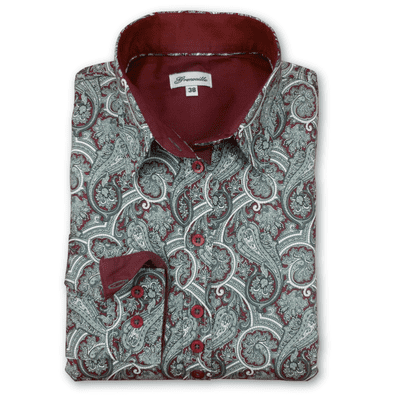 Grenouille Ladies Long Sleeve Maroon and Slate Green Paisley Print Shaped Fit Shirt