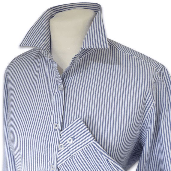 Grenouille Ladies Long Sleeve Mid-Blue Stripe Seersucker Shirt