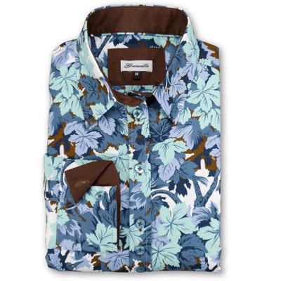 Grenouille Ladies Long Sleeve Mint, Blue and Brown Maple Leaf Print Shirt