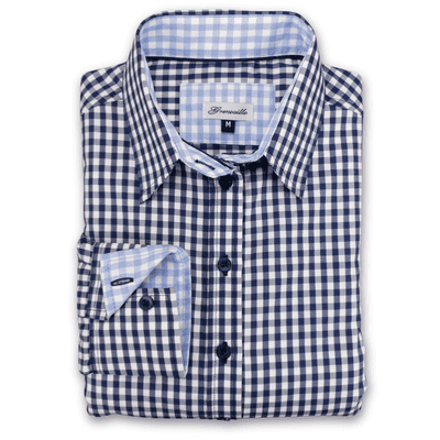 Grenouille Ladies Long Sleeve Navy Check with Blue Check Easy Care Cotton Shirt