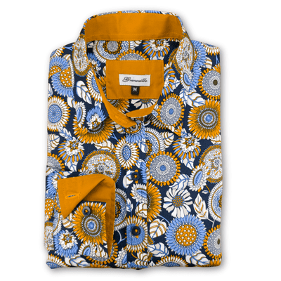 Grenouille Ladies Long Sleeve Navy & Gold 60s Style Floral Print Shirt