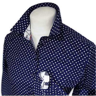 Grenouille Ladies Long Sleeve Navy Polka Dot Shirt With Cat Details