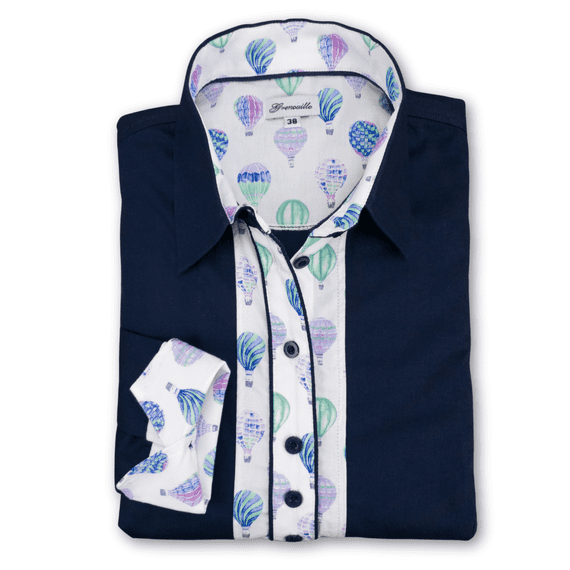 Grenouille Ladies Long Sleeve Navy Shirt with Hot Air Balloon Print Detail