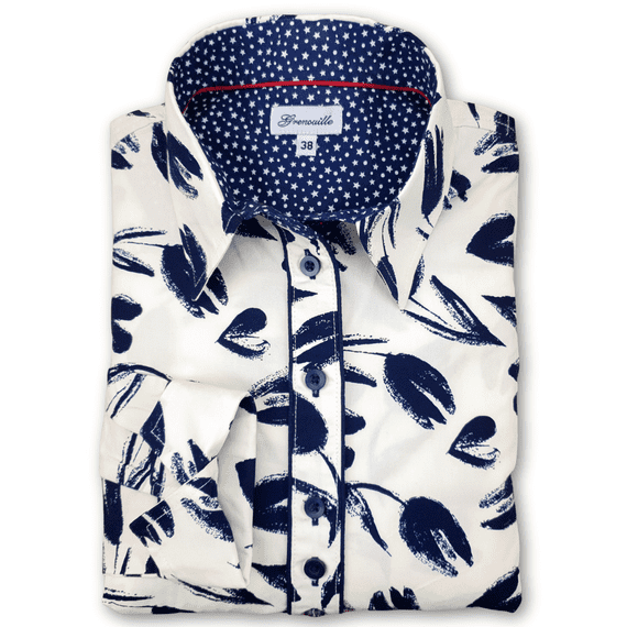 Grenouille Ladies Long Sleeve Navy Tulip and Heart Print Shirt