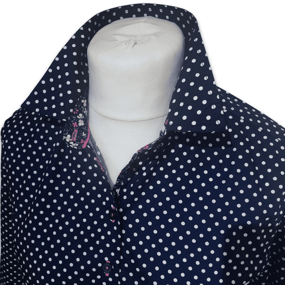 Grenouille Ladies Long Sleeve Navy & White Polka Dot Shirt, Pink Floral Details