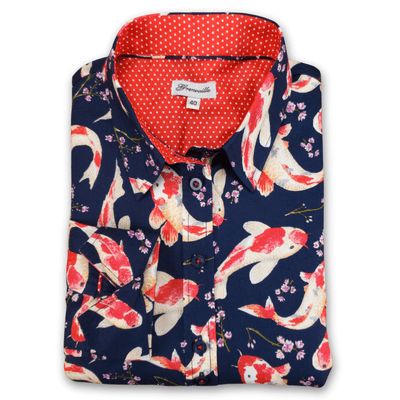 Grenouille Ladies Long Sleeve Navy with Koi and Cherry Blossoms Print Shirt