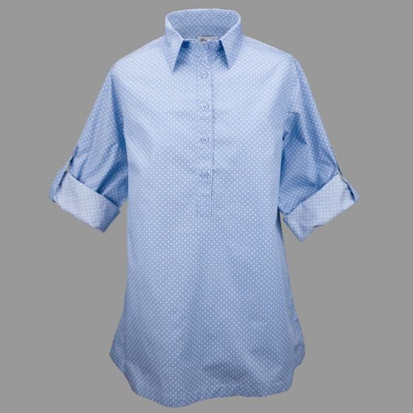 Grenouille Ladies Long Sleeve Pastel Blue and White Spot Collared Tunic