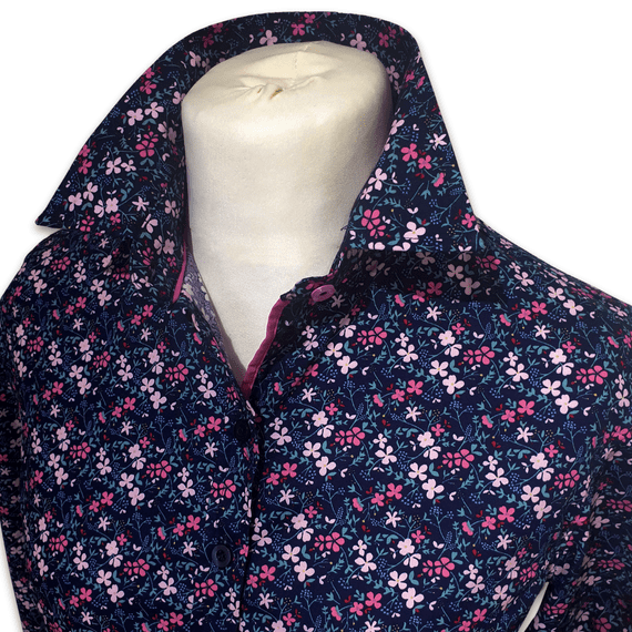 Grenouille Ladies Long Sleeve Pink & Mint on Navy Floral Shirt