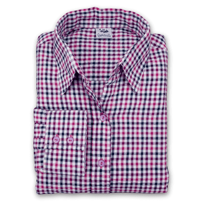 Grenouille Ladies Long Sleeve Pink, Purple and Navy Blue Check Seersucker Shirt