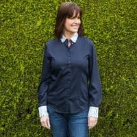 Grenouille Ladies Long Sleeve Plain Navy Bamboo Silk Blouse with White Lace Detail