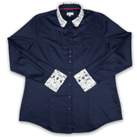 Grenouille Ladies Long Sleeve Plain Navy Bamboo Silk Blouse with White Lace Detail