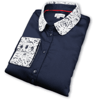 Grenouille Ladies Long Sleeve Plain Navy Bamboo Silk Blouse with White Lace Detail