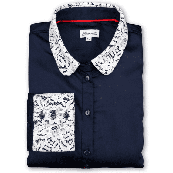Grenouille Ladies Long Sleeve Plain Navy Bamboo Silk Blouse with White Lace Detail