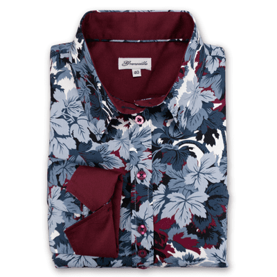 Grenouille Ladies Long Sleeve Slate Blue and Maroon Leaves Print Shirt