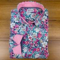 Grenouille Ladies Long Sleeve Taupe & White Floral Print Cotton Shirt
