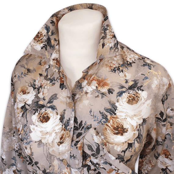 Grenouille Ladies Long Sleeve Taupe & White Floral Print Cotton Shirt