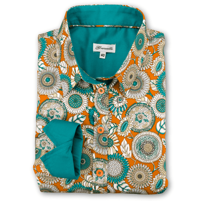 Grenouille Ladies Long Sleeve Teal & Orange 60s Style Floral Print Shirt
