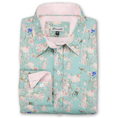 Grenouille Ladies Long Sleeve Turquoise Blossom & Bird Print Shirt