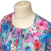 Grenouille Ladies Long Sleeve Turquoise & Pink Floral Pleat Neck Blouse