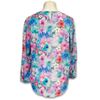 Grenouille Ladies Long Sleeve Turquoise & Pink Floral Pleat Neck Blouse