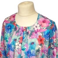 Grenouille Ladies Long Sleeve Turquoise & Pink Floral Pleat Neck Blouse