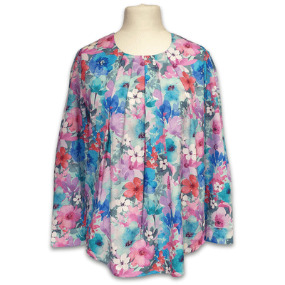 Grenouille Ladies Long Sleeve Turquoise & Pink Floral Pleat Neck Blouse