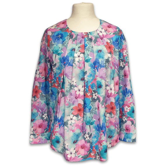 Grenouille Ladies Long Sleeve Turquoise & Pink Floral Pleat Neck Blouse