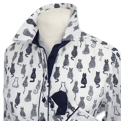 Grenouille Ladies Long Sleeve White & Navy Cat Print Shirt
