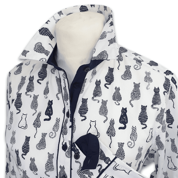 Grenouille Ladies Long Sleeve White & Navy Cat Print Shirt