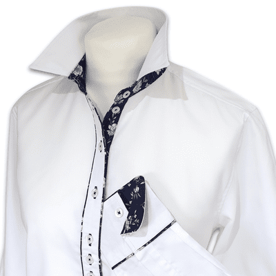 Grenouille Ladies Long Sleeve White Oxford Shirt with Navy & White Floral Accents