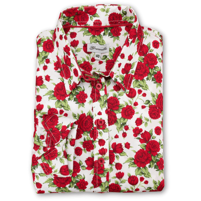 Grenouille Ladies Long Sleeve White & Red Rose Print Shaped Fit Shirt