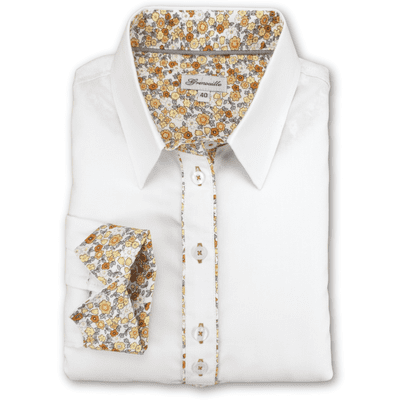 Grenouille Ladies Long Sleeve White Shirt with Beige, Cream and Grey Floral Details