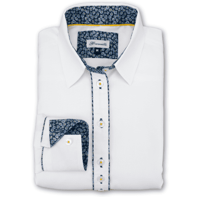 Grenouille Ladies Long Sleeve White Shirt with Navy Daisy Print Detail