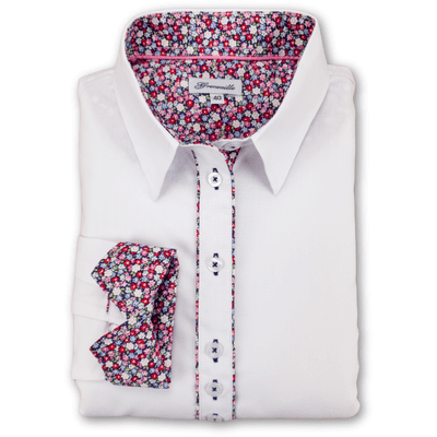 Grenouille Ladies Long Sleeve White Shirt with Pink, Blue and Red Floral Details