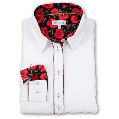 Grenouille Ladies Long Sleeve White Shirt with Red Poppy accents