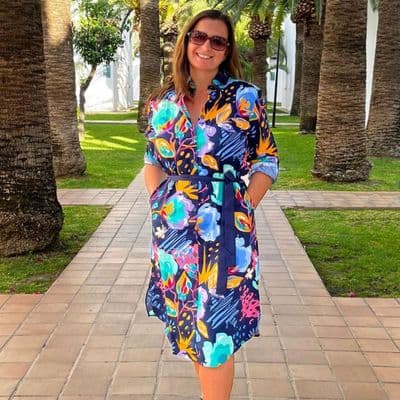 Grenouille Ladies Navy, Orange and Mint Print Long Sleeve Calf Length Shirt Dress