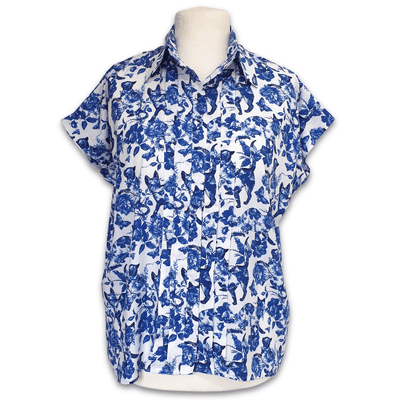 Grenouille Ladies Pleat Front Blue Cat and Flower Print Top