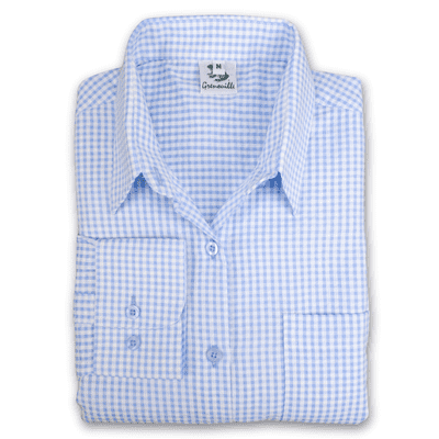 Grenouille Ladies Square Cut Long Sleeve Blue and White Gingham Check Seersucker Shirt