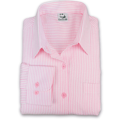 Grenouille Ladies Square Cut Long Sleeve Pink and White Stripe Seersucker Shirt