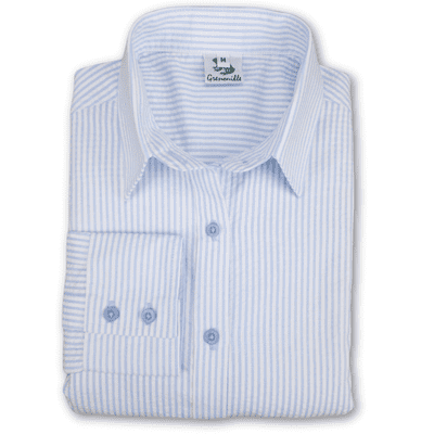 Grenouille Ladies Standard Long Sleeve Blue and White Stripe Seersucker Shirt