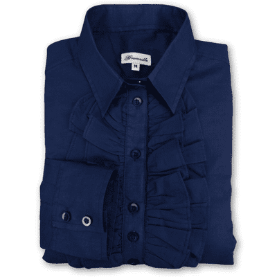 Grenouille Ladies Standard Long Sleeve Navy Cotton Lawn Ruffle Shirt