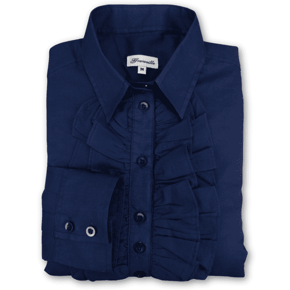 Grenouille Ladies Standard Long Sleeve Navy Cotton Lawn Ruffle Shirt