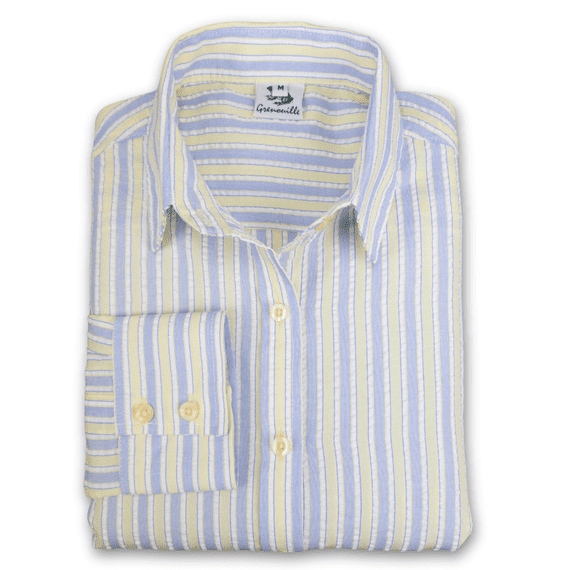 Grenouille Ladies Standard Long Sleeve Yellow & Blue Stripe Seersucker Shirt