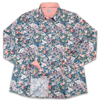Grenouille Ladies Teal Blue with Tropical Flower Print Shirt