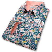Grenouille Ladies Teal Blue with Tropical Flower Print Shirt
