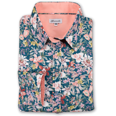 Grenouille Ladies Teal Blue with Tropical Flower Print Shirt