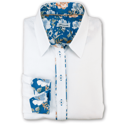 Grenouille Ladies White Shirt with Blue & Peach Beige Flower Detail