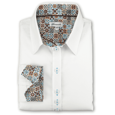 Grenouille Ladies White Shirt with Brown and Blue Moroccan Tile Print Detail